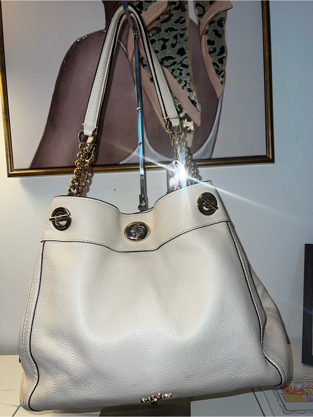 Coach Cream Pebbled Leather Shoulder Tote with Gold Chain Straps